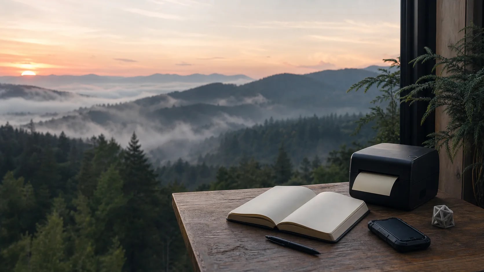An open notebook, pen, mobile device, and label printer on a desk overlooking misty mountains at sunrise.